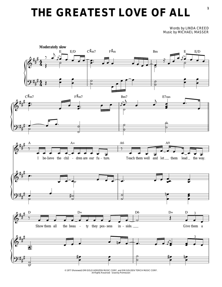 The Greatest Love Of All Piano, Vocal scores gallery preview page 1