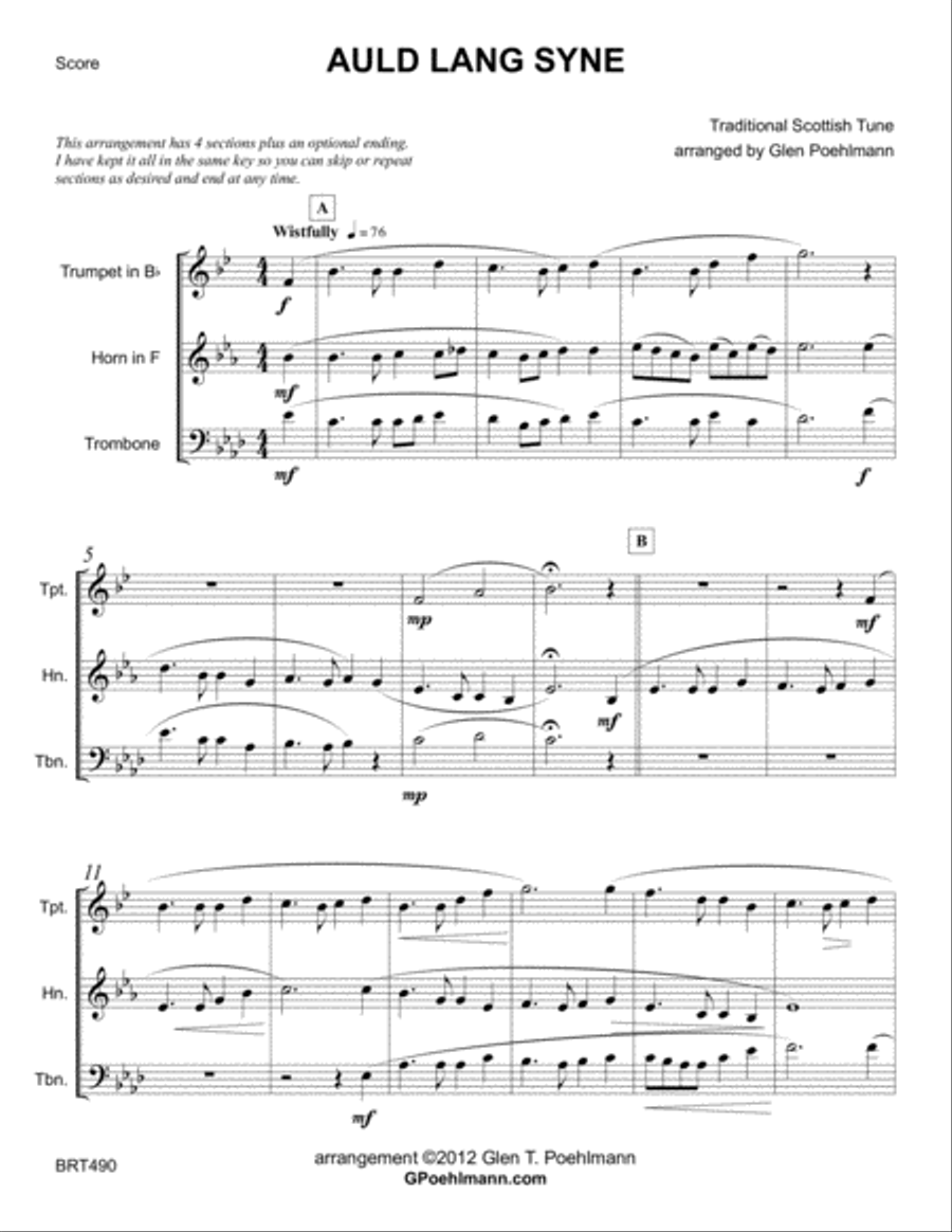 AULD LANG SYNE - BRASS TRIO (unaccompanied) Brass Trio scores gallery preview page 1