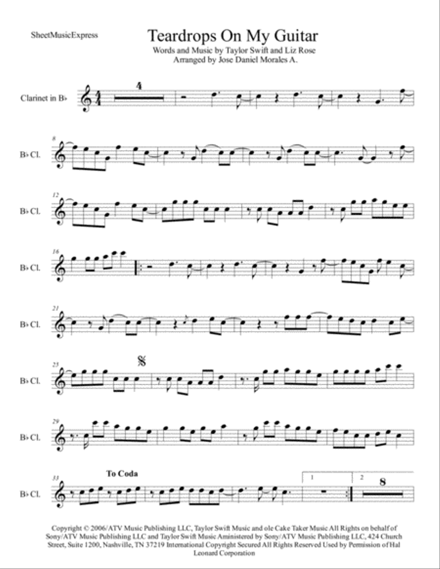 Teardrops On My Guitar Clarinet Solo scores gallery preview page 1