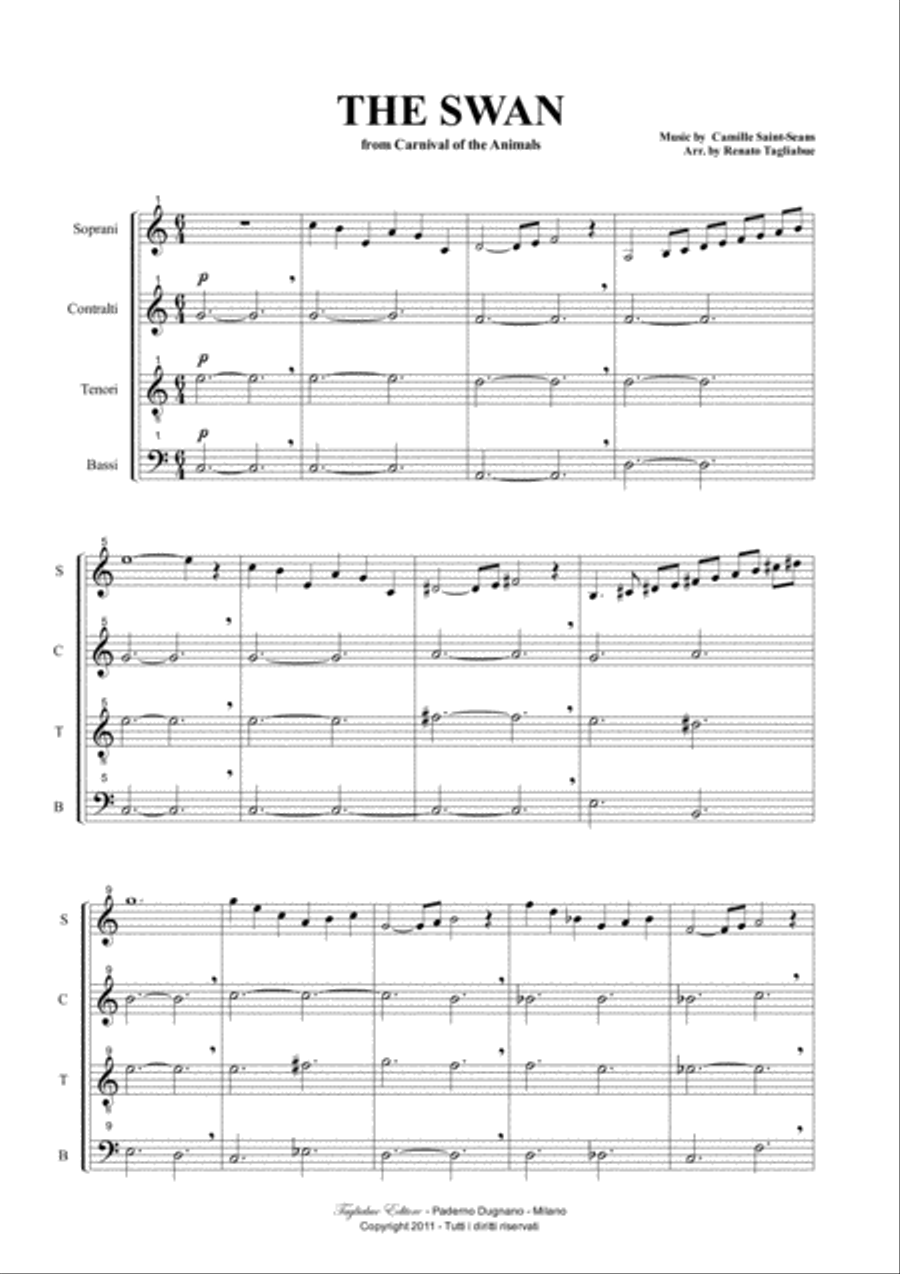 THE SWAN - LE CYGNE - Saint Saens - For SATB Choir in vocalization (or any ensemble in C) 4-Part scores gallery preview page 2