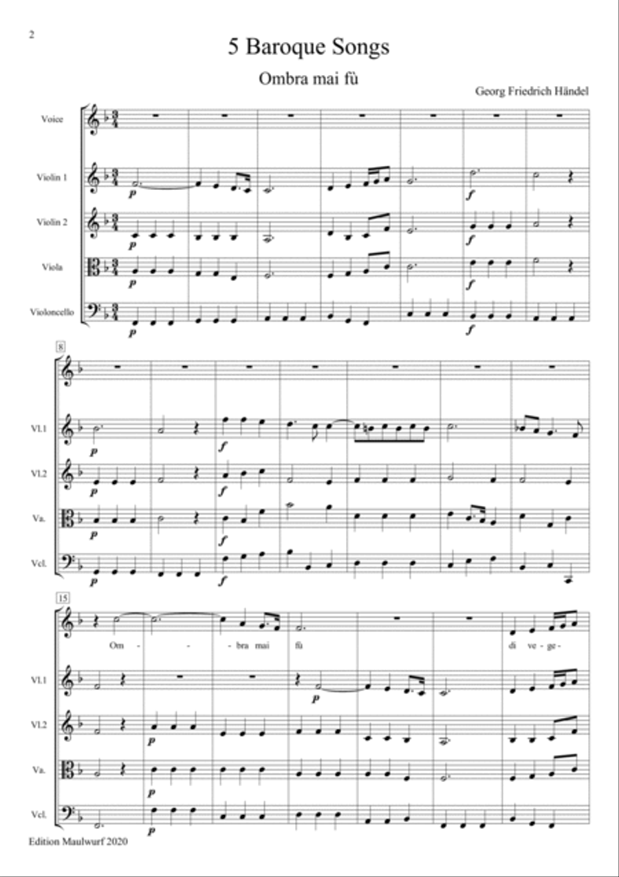 5 Baroque Songs for voice and string quartet String Quartet scores gallery preview page 4
