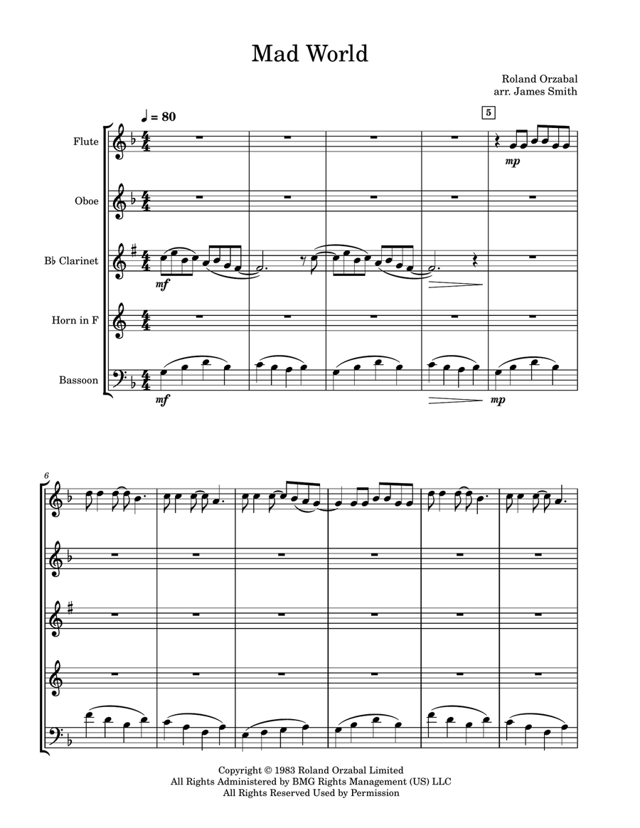 Mad World Woodwind Quintet scores gallery preview page 1