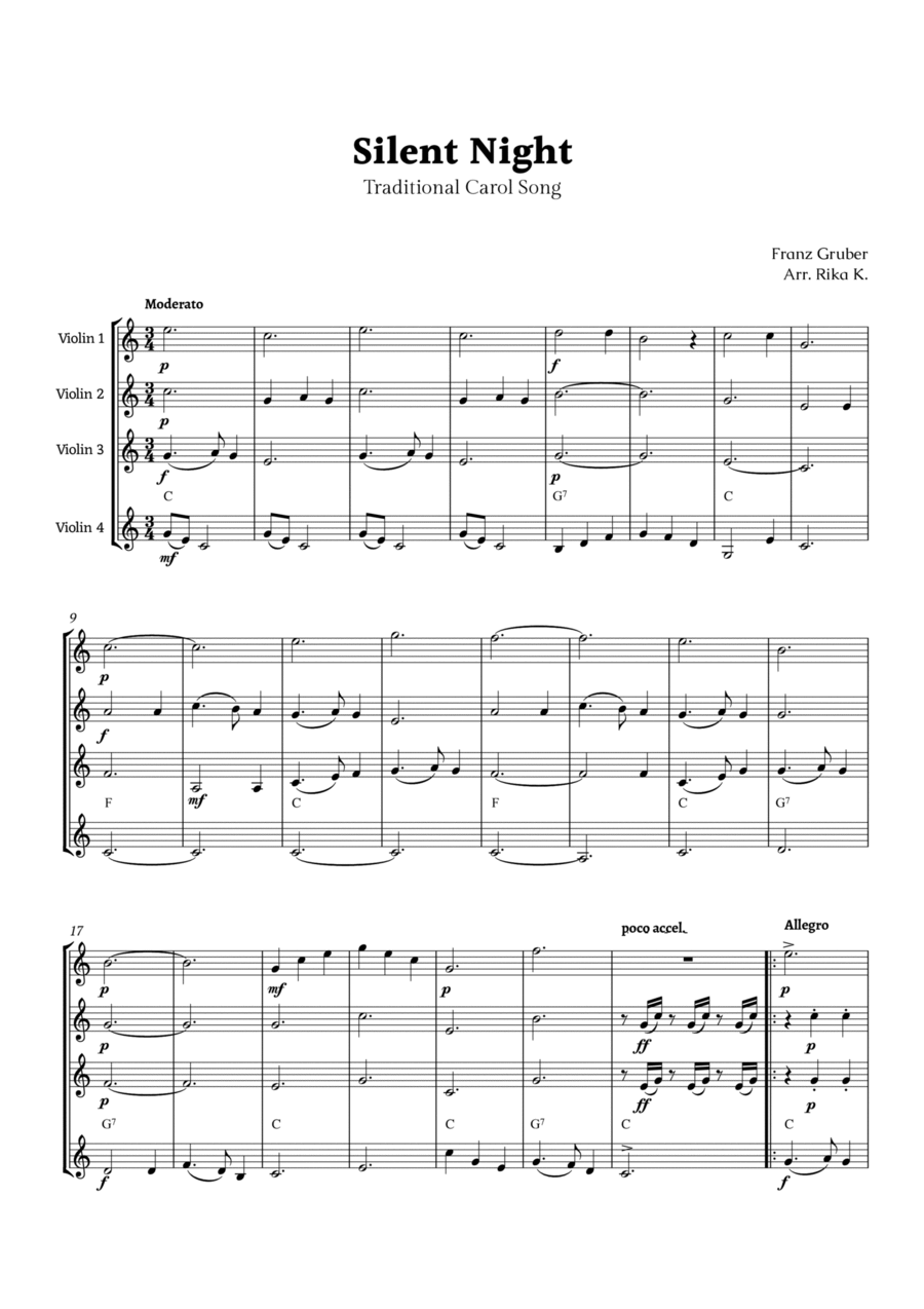 Silent Night for Violin Quartet String Quartet scores gallery preview page 1