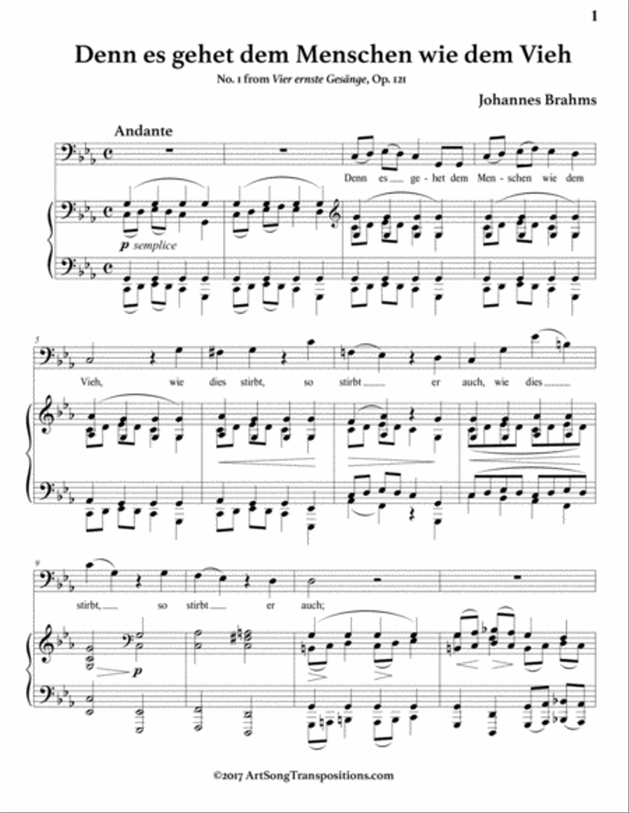 BRAHMS: Denn es gehet dem Menschen wie dem Vieh, Op. 121 no. 1 (transposed to C minor, bass clef) Voice scores gallery preview page 2