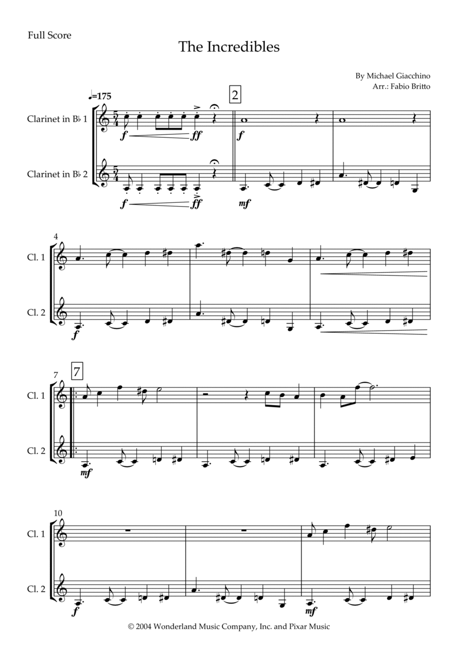 The Incredibles (main Theme) Clarinet Duet scores gallery preview page 1