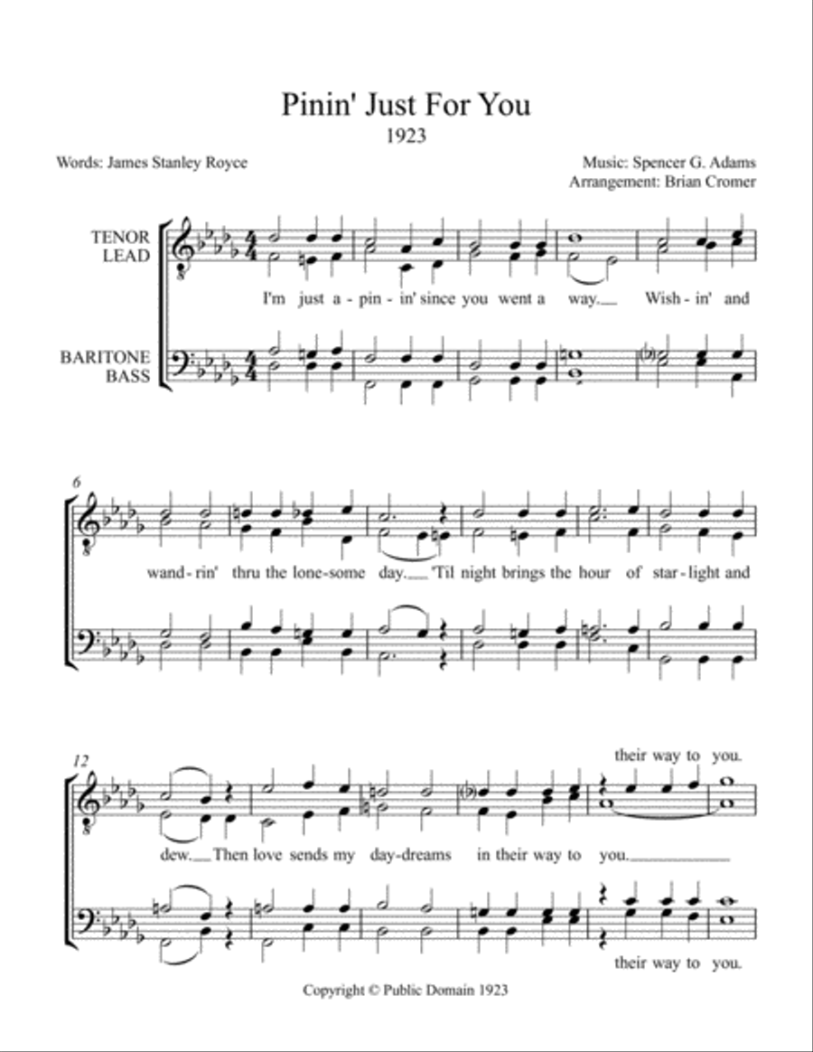 Pinin' Just For You - Men's Barbershop Arrangement TTBB scores gallery preview page 1