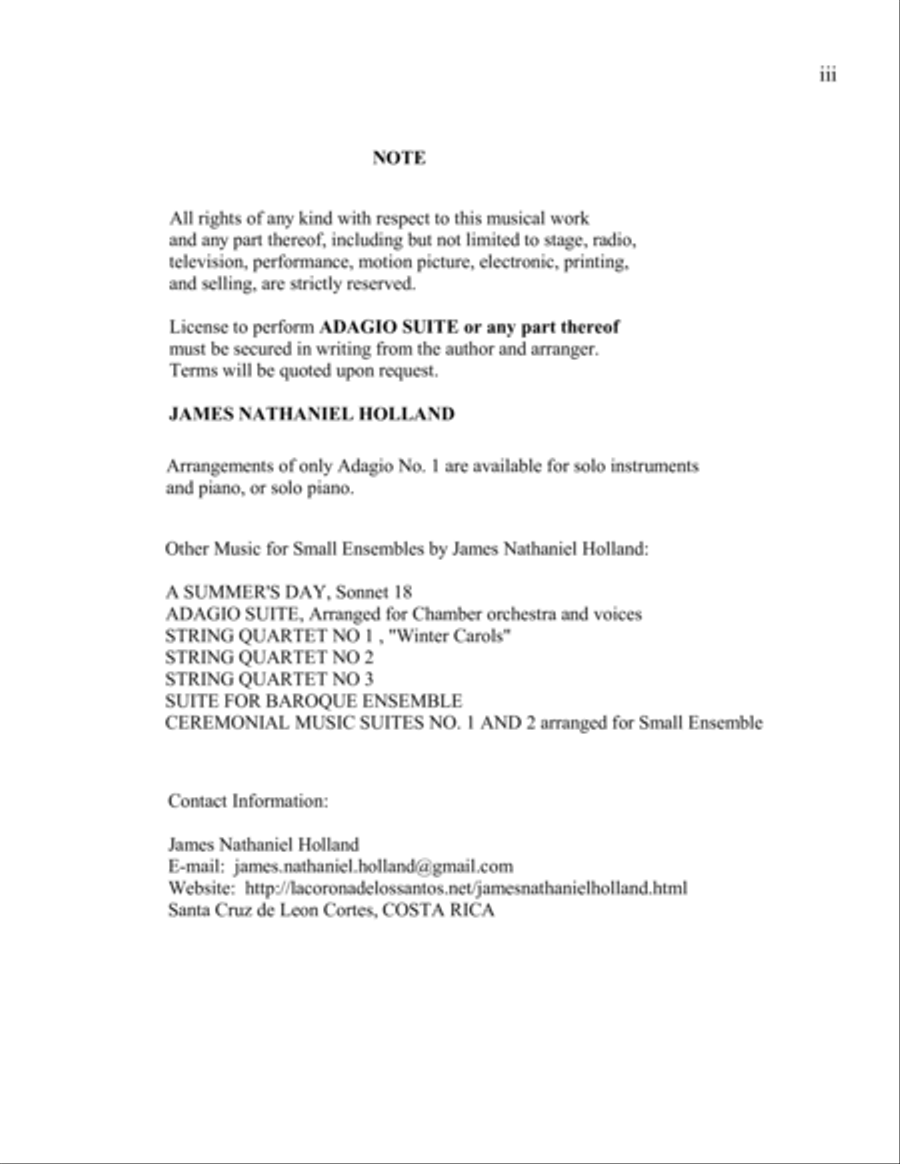 An Adagio Suite, in Three Movements for Small Ensembles, (String Quartet or Various Combinations) Small Ensemble scores gallery preview page 3
