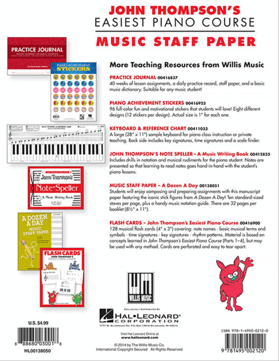 John Thompson's Easiest Piano Course - Music Staff Paper