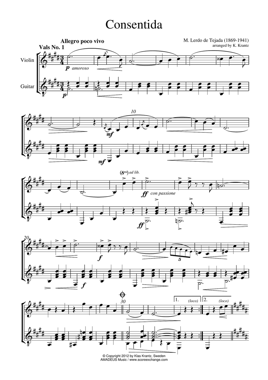 Consentida - Mexican Waltz for violin and guitar String Duet scores gallery preview page 1