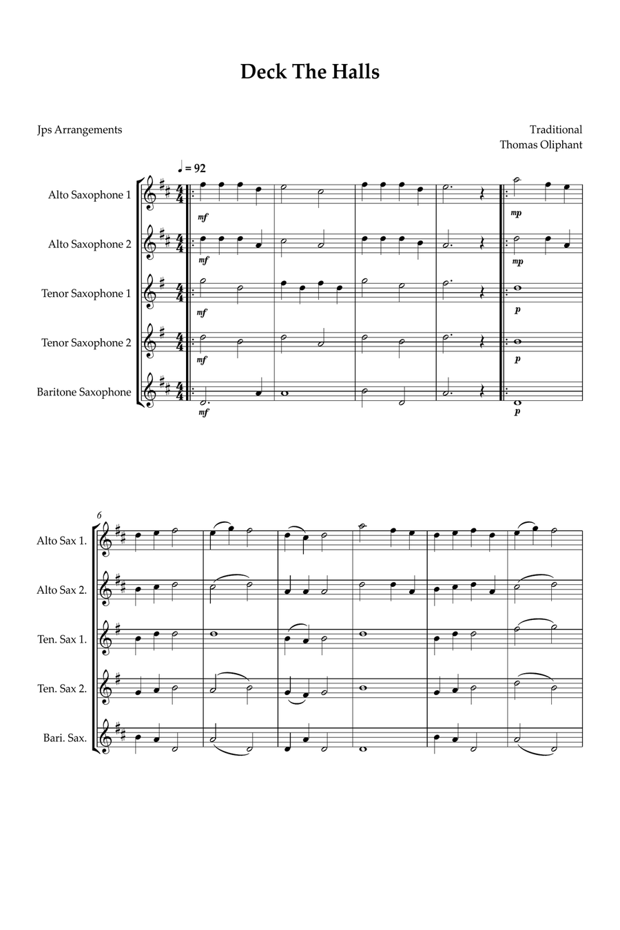 Deck The Halls for Sax quintet Saxophone Quintet scores gallery preview page 1