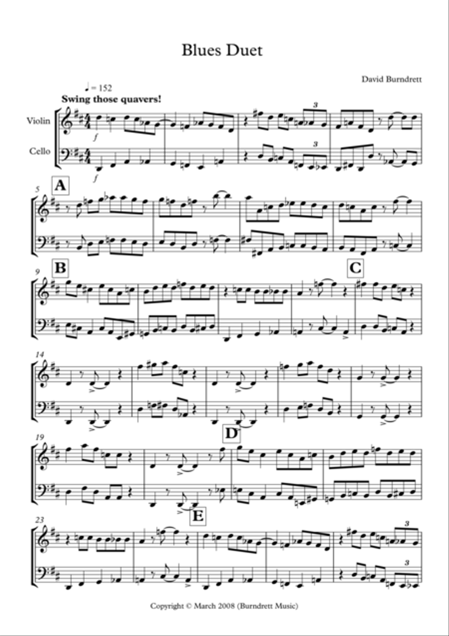Blues Duet for Violin and Cello by David Burndrett String Duet - Digital Sheet Music