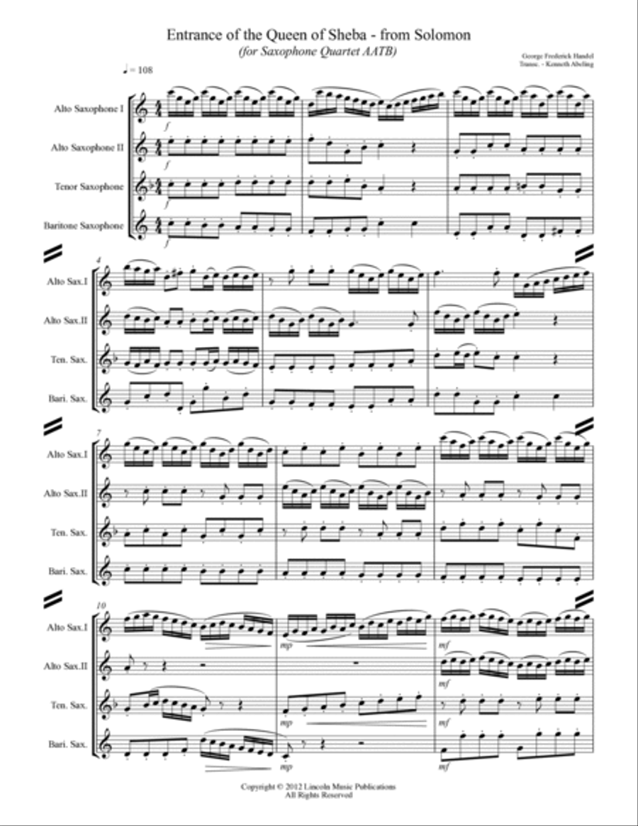 Arrival of the Queen of Sheba (for Saxophone Quartet AATB) Saxophone Quartet scores gallery preview page 2