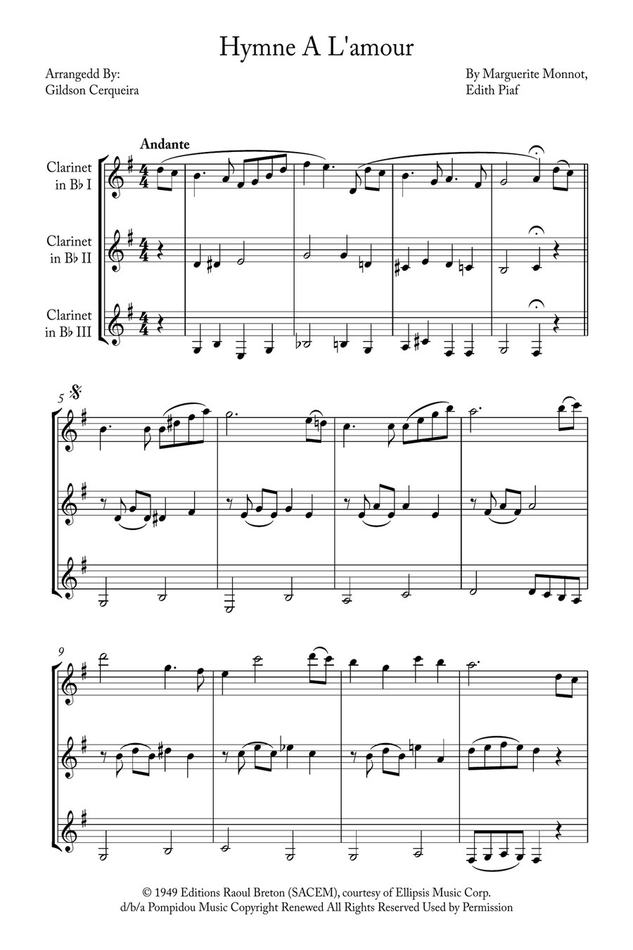 Hymne A L'amour Clarinet Trio scores gallery preview page 1
