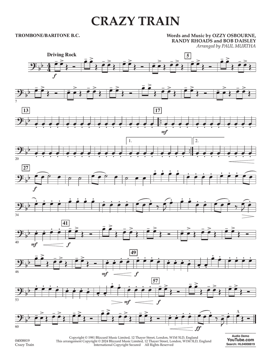 Crazy Train (arr. Paul Murtha) - Trombone/Baritone B.C. Concert Band scores gallery preview page 1