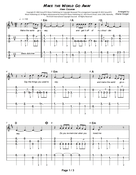 Make The World Go Away by Eddy Arnold Dulcimer - Digital Sheet Music