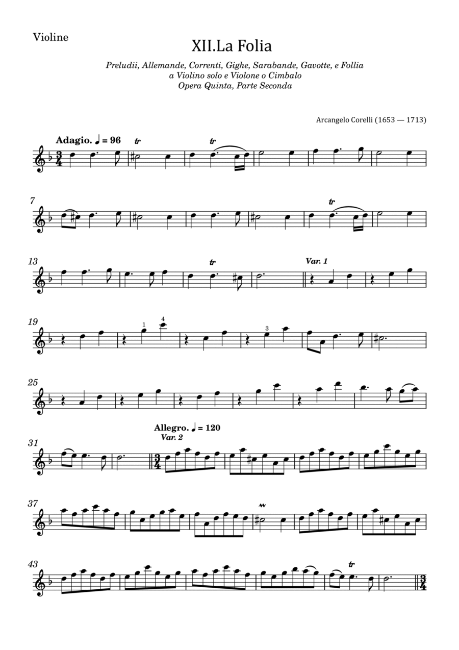 Arcangelo Corelli - Violin Sonata in D minor, Op.5 No.12 'La Folia' - For Violin Solo Original Violin Solo scores gallery preview page 1