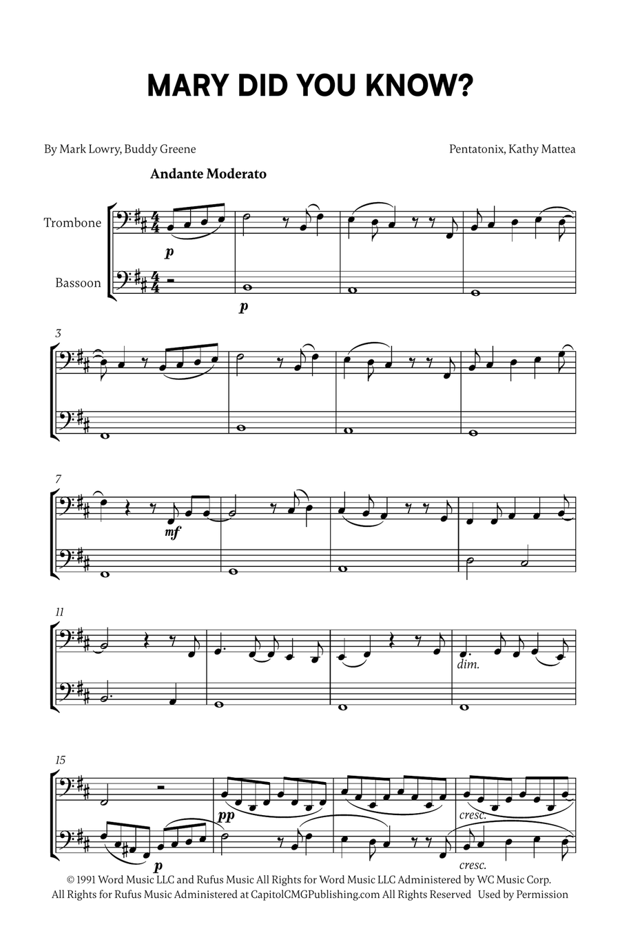 Mary, Did You Know? Mary, Did You Know? Trombone Duet scores gallery preview page 1