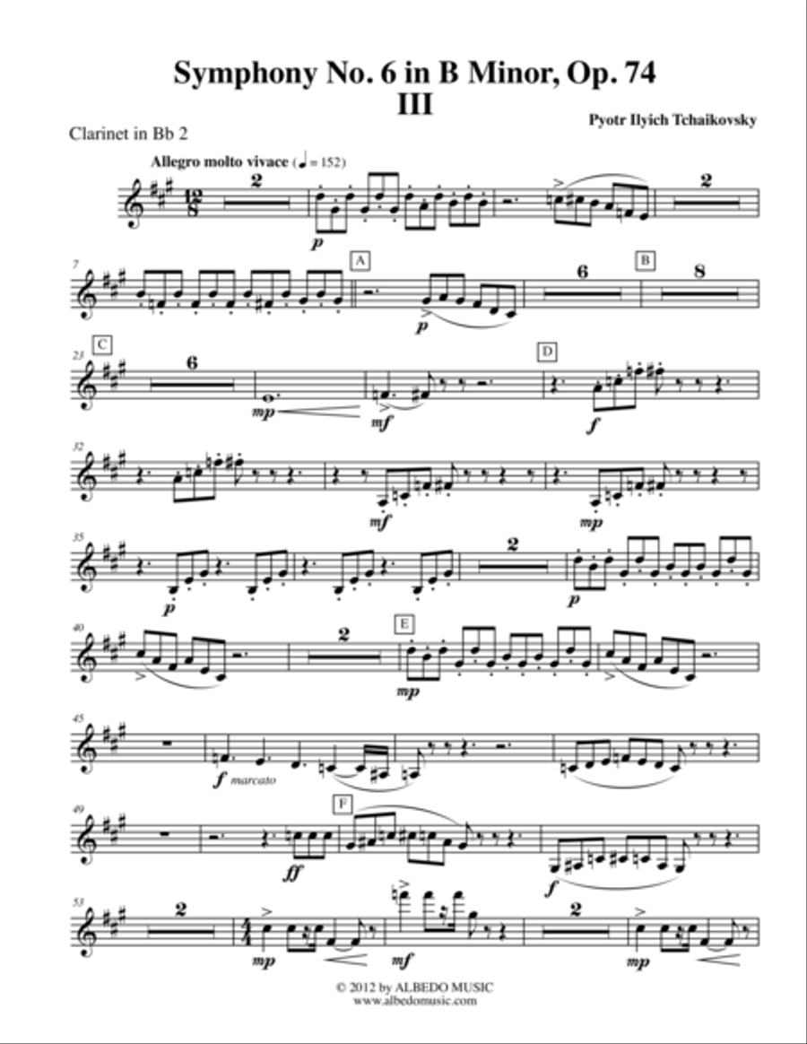 ‪Tchaikovsky‬ Symphony No. 6, Movement III - Clarinet in Bb 2 (Transposed Part), Op. 74 B-Flat Clarinet scores gallery preview page 1