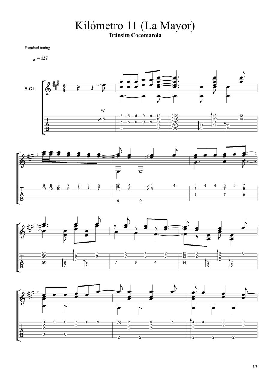Kilómetro 11 (Chamamé - A Major) Guitar Tablature scores gallery preview page 1
