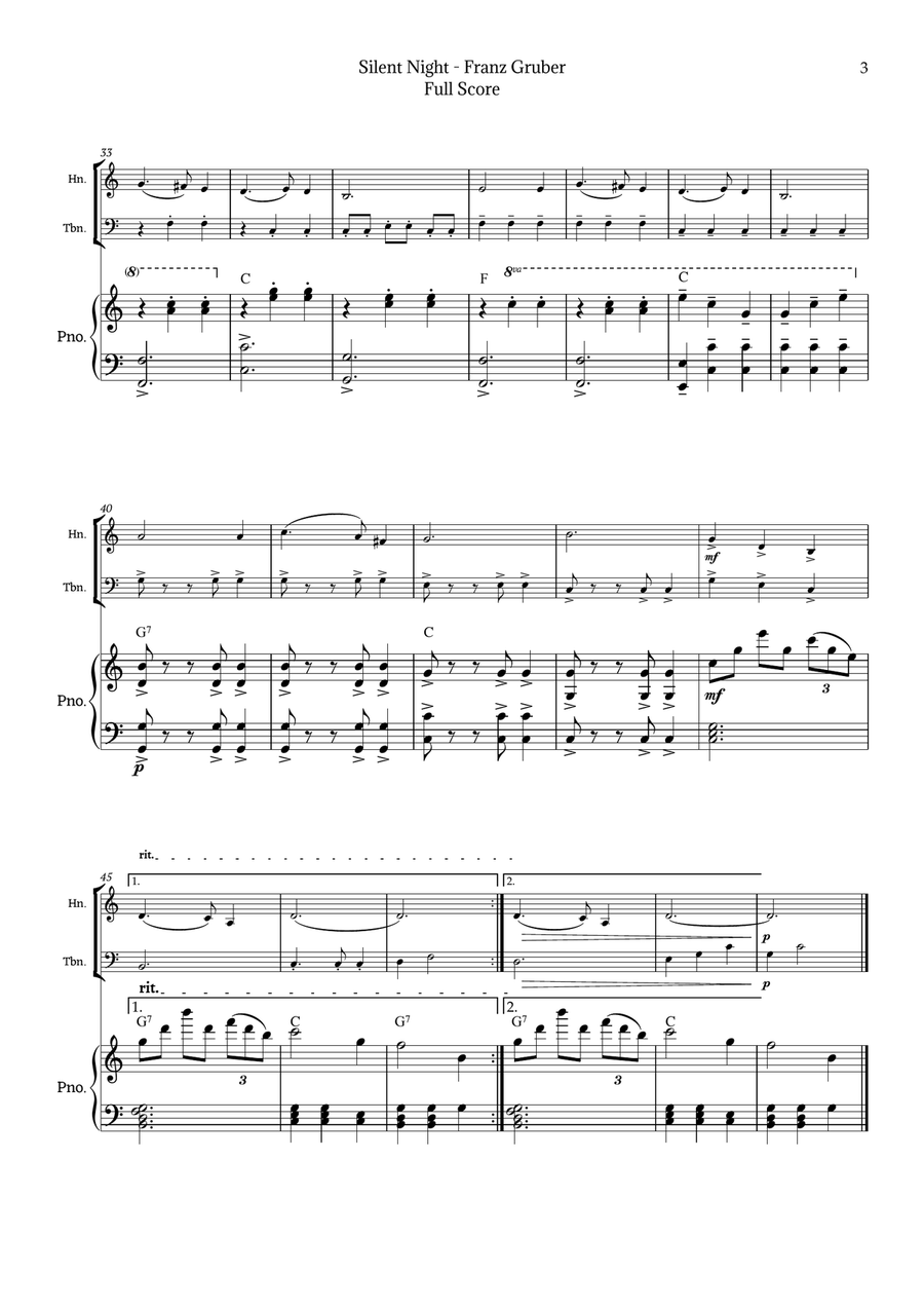 Silent Night for Horn and Trombone Duet with Piano Brass Duet scores gallery preview page 3