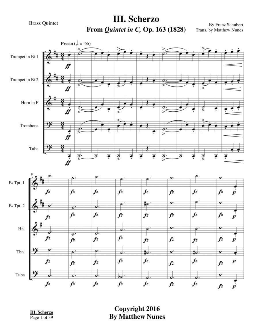 Scherzo from Quintet in C (Schubert, arr. Nunes) Chamber Music scores gallery preview page 1