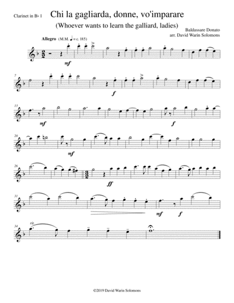 Chi la gagliarda (Whoever wants to learn the galliard) arranged for 4 clarinets image number null