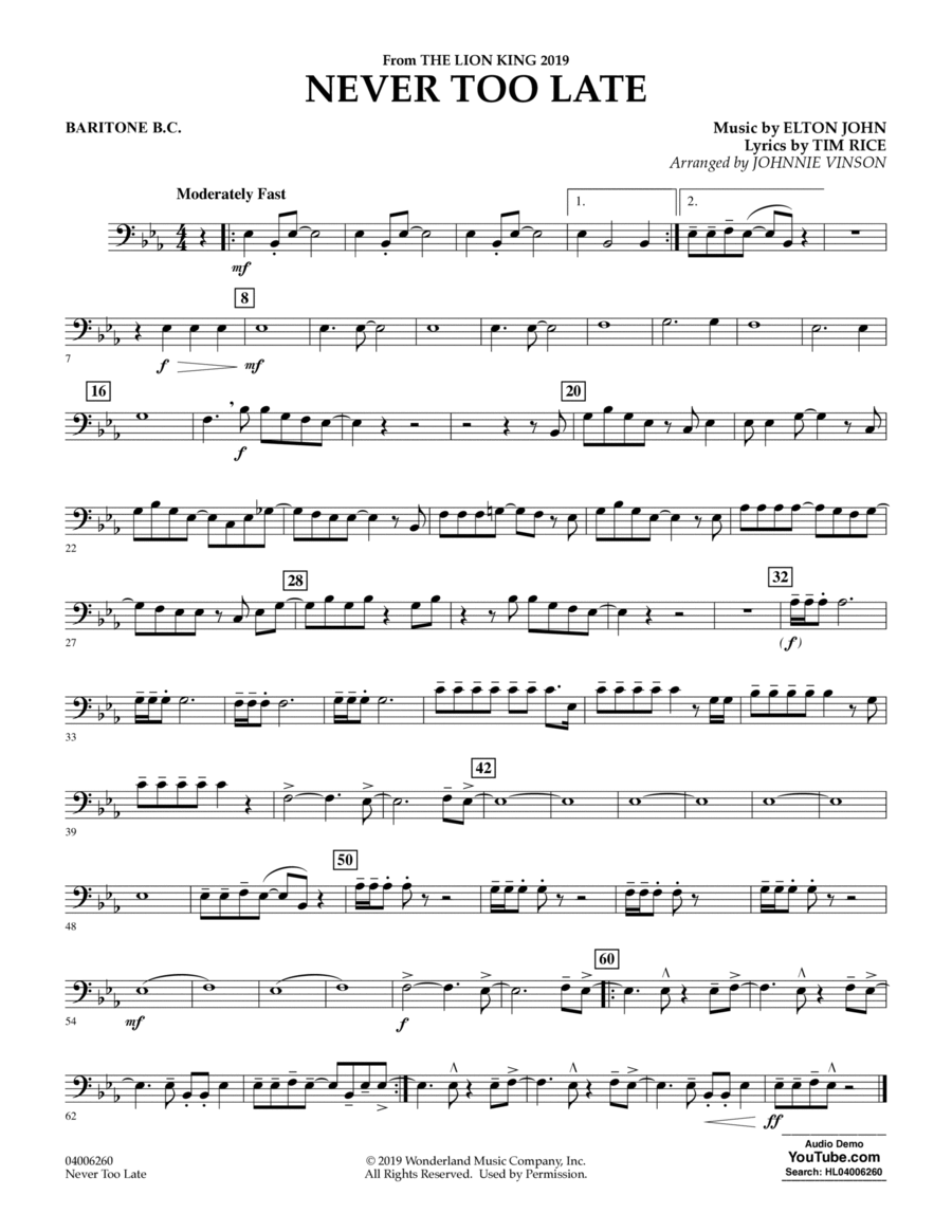 Never Too Late (from The Lion King 2019) (arr. Johnnie Vinson) - Baritone B.C. Concert Band scores gallery preview page 1