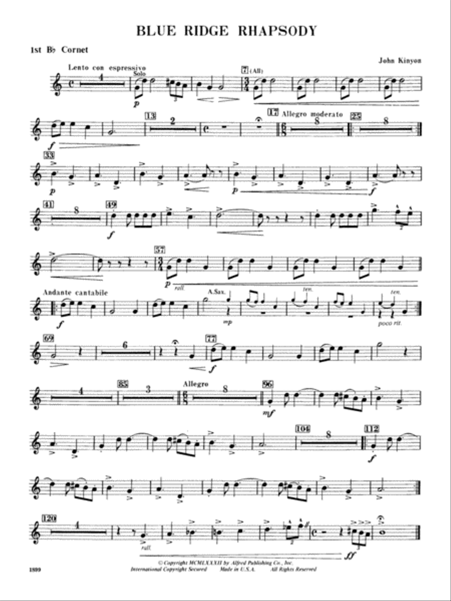 Blue Ridge Rhapsody: 1st B-flat Cornet Concert Band scores gallery preview page 1