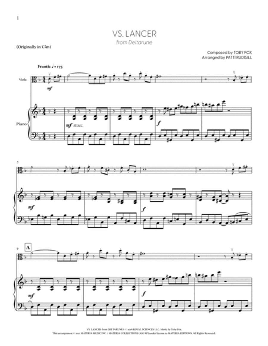Vs. Lancer (from DELTARUNE) (for Solo Viola with Piano Accompaniment) Piano Accompaniment scores gallery preview page 2