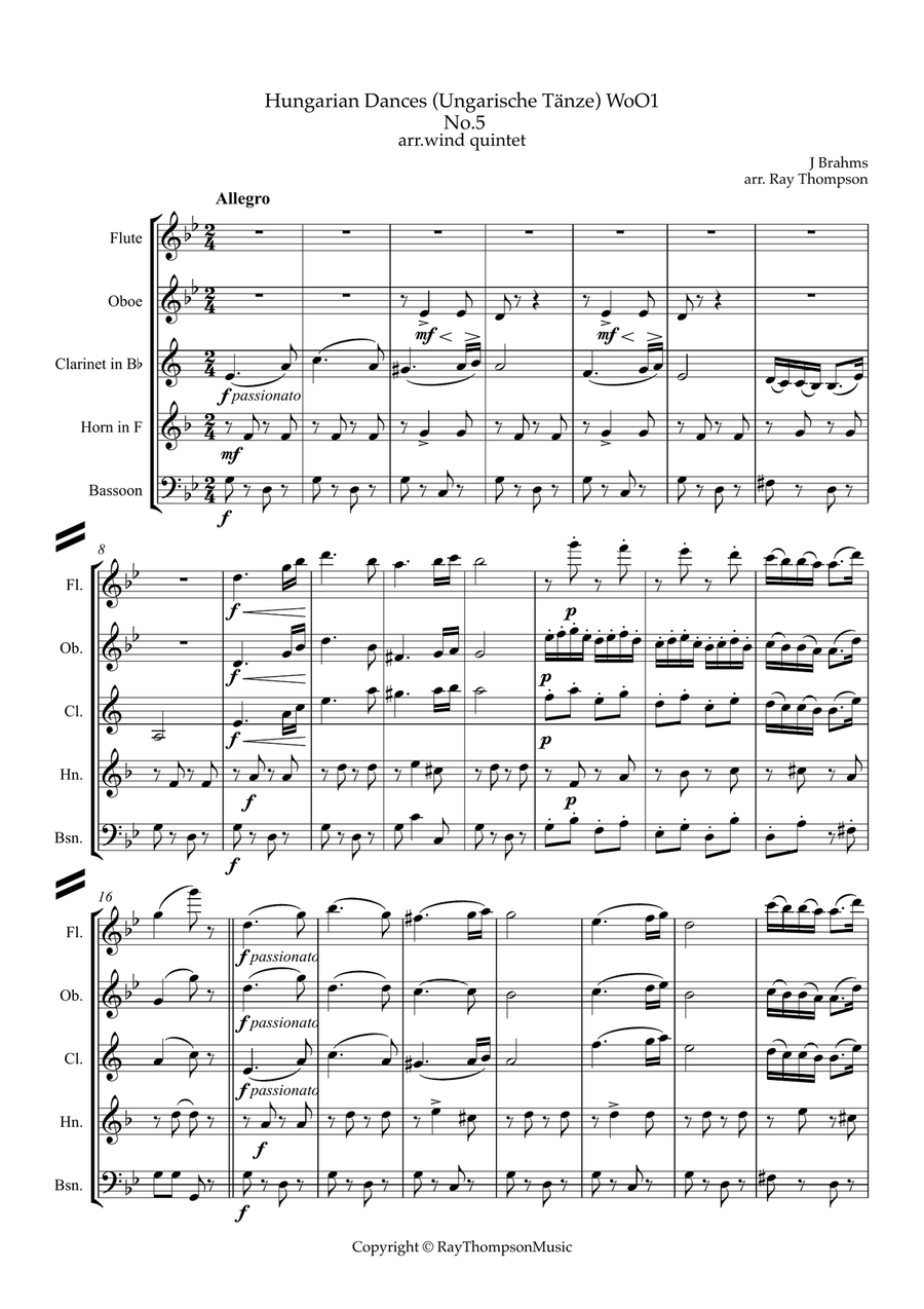 Brahms: Hungarian Dances (Ungarische Tänze) WoO1 No.5 - wind quintet Woodwind Quintet scores gallery preview page 2