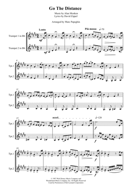 Go The Distance by Michael Bolton Trumpet Duet - Digital Sheet Music