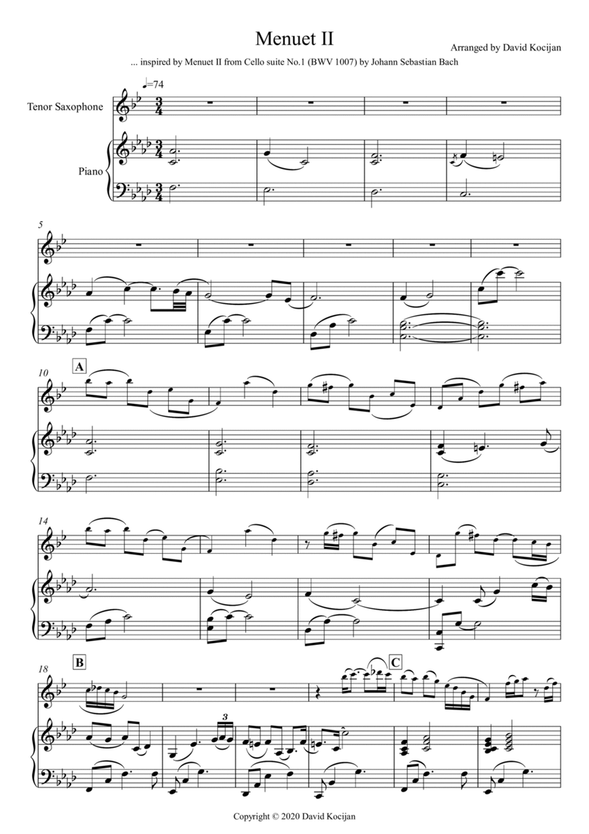 Menuet II - INTERMEDIATE (tenor sax & piano) image number null