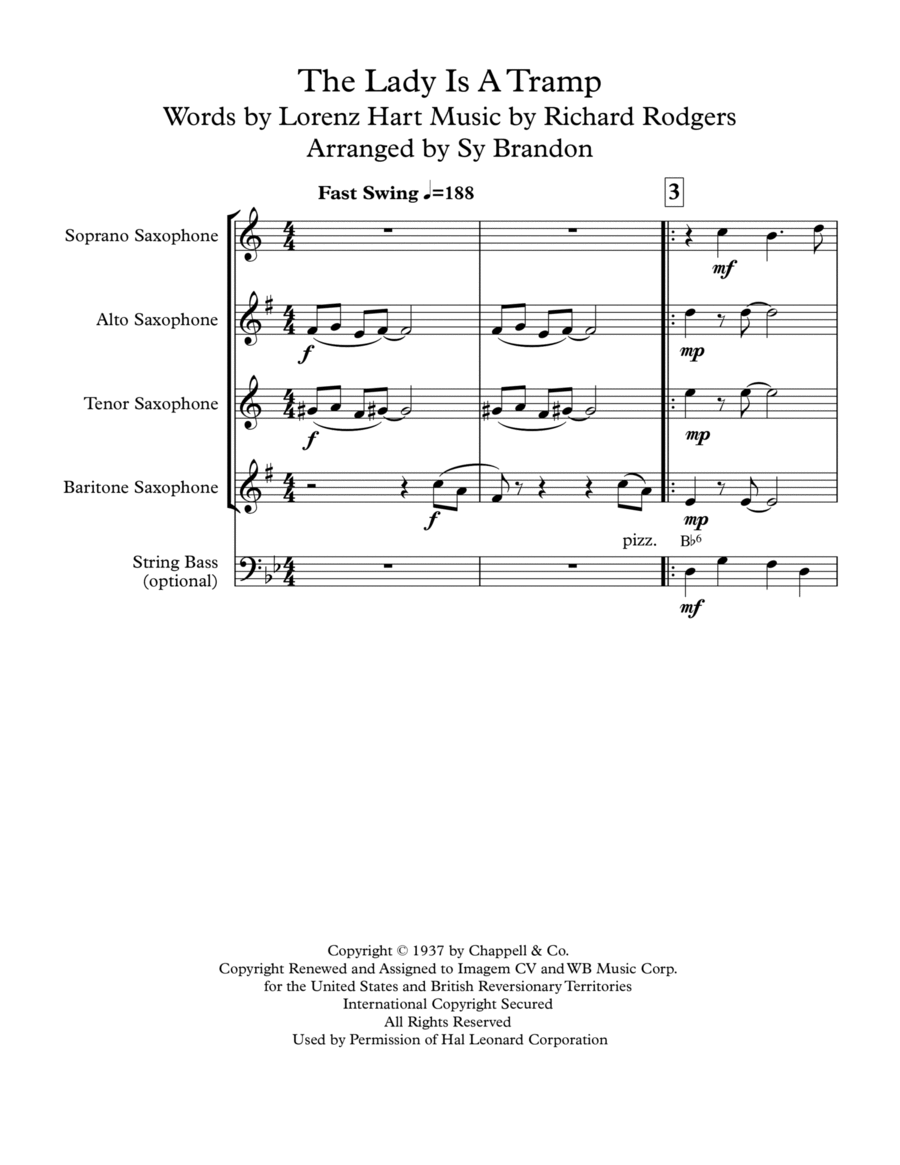 The Lady Is A Tramp Saxophone Quartet scores gallery preview page 1