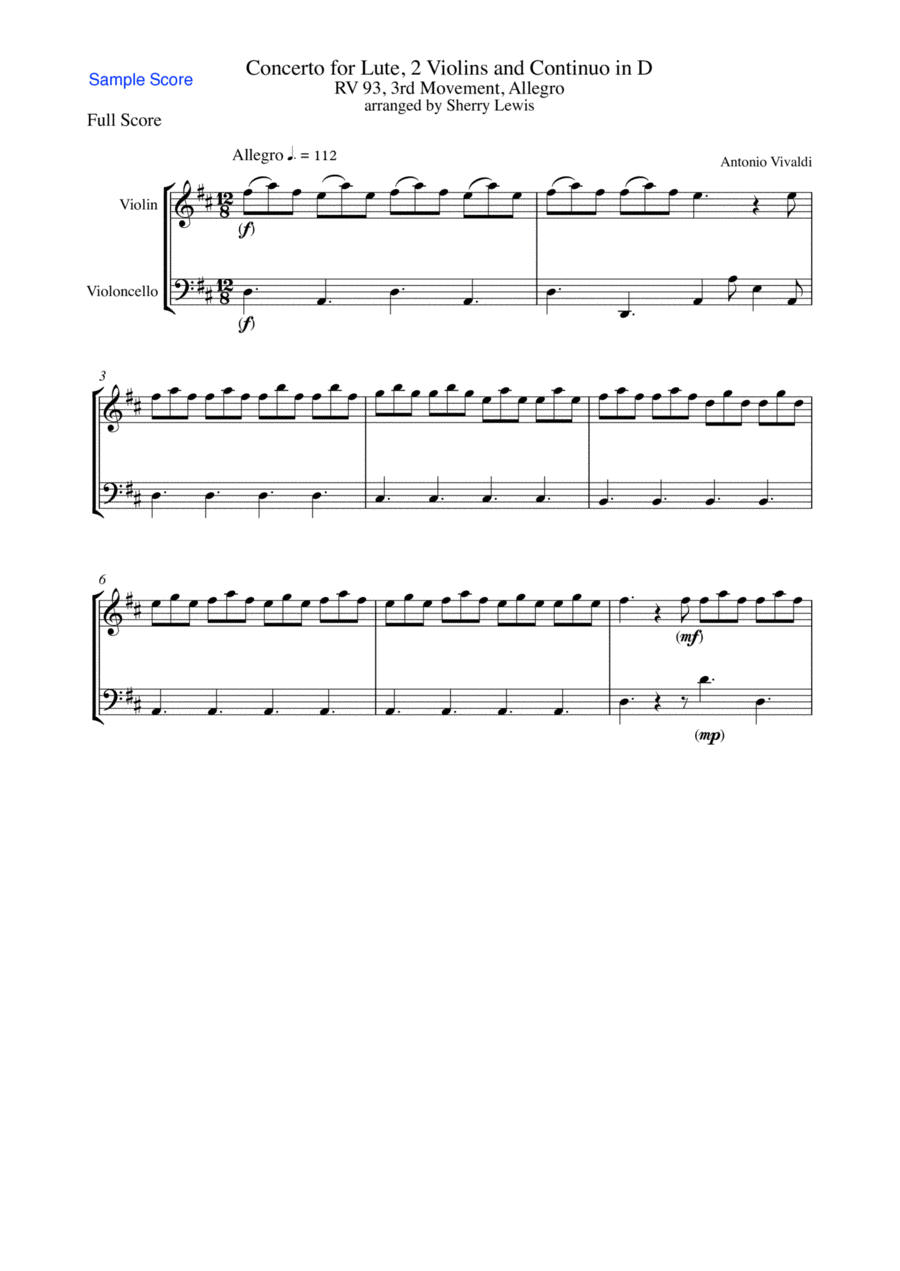 CONCERTO FOR LUTE, 2 VIOLINS AND CONTINUO IN D, RV 93, 3RD MOV, ALLEGRO FOR STRING DUO String Duet scores gallery preview page 1