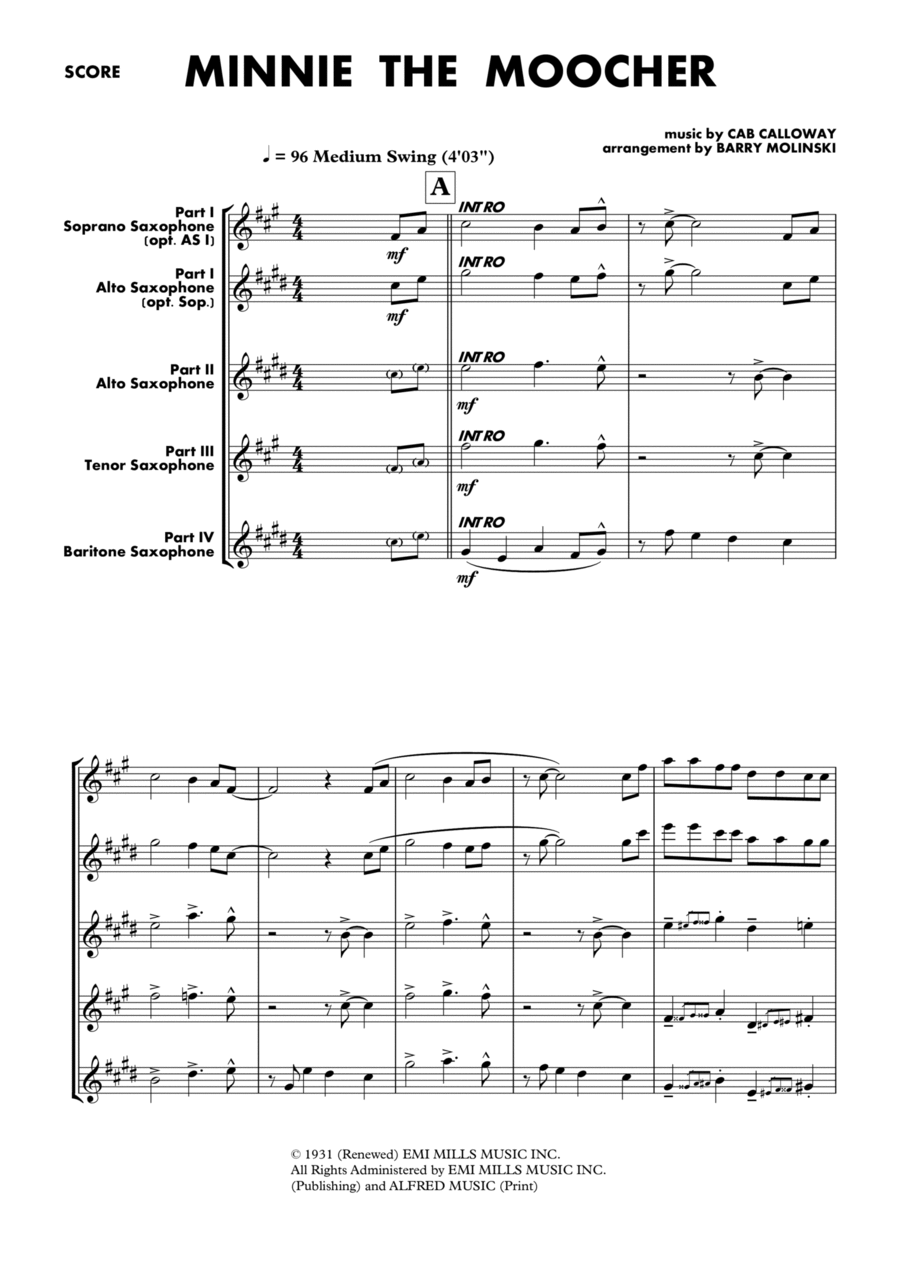 Minnie The Moocher Saxophone Quartet scores gallery preview page 1