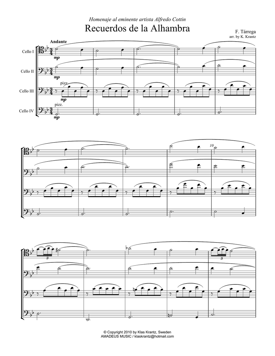 Recuerdos de la Alhambra for cello quartet String Quartet scores gallery preview page 2