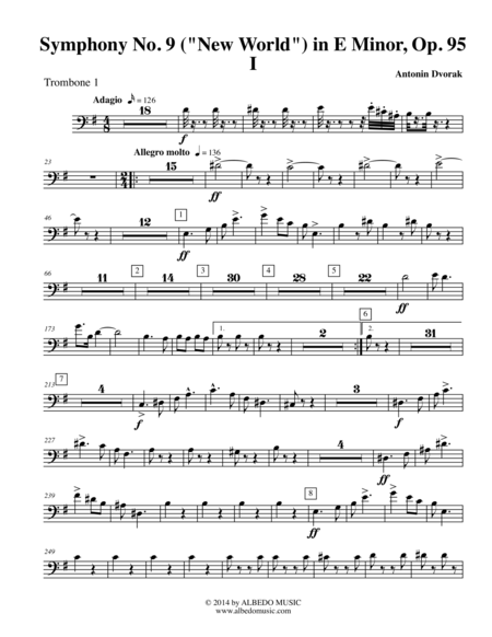 Dvorak Symphony No. 9, New World, Movement I - Trombone in Bass Clef 1 (Transposed Part), Op.95