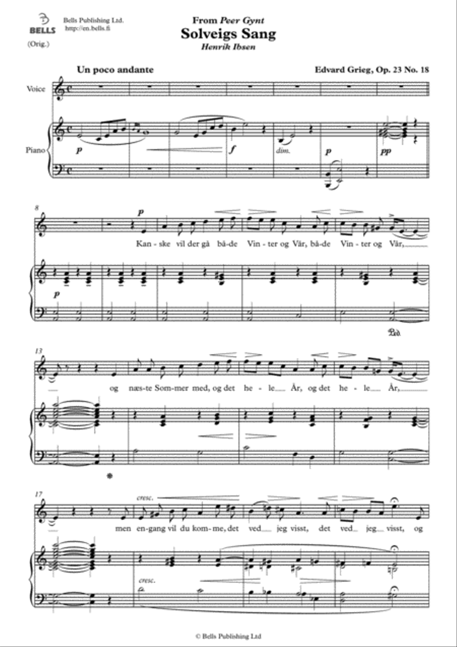 Solveigs Sang, Op. 23 No. 18 (Original key. A minor) Voice Solo scores gallery preview page 1
