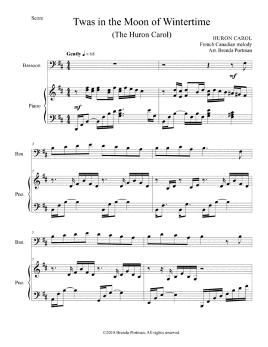 Twas in the Moon of Wintertime/The Huron Carol (bassoon/piano), arr. Brenda Portman Bassoon scores gallery preview page 1