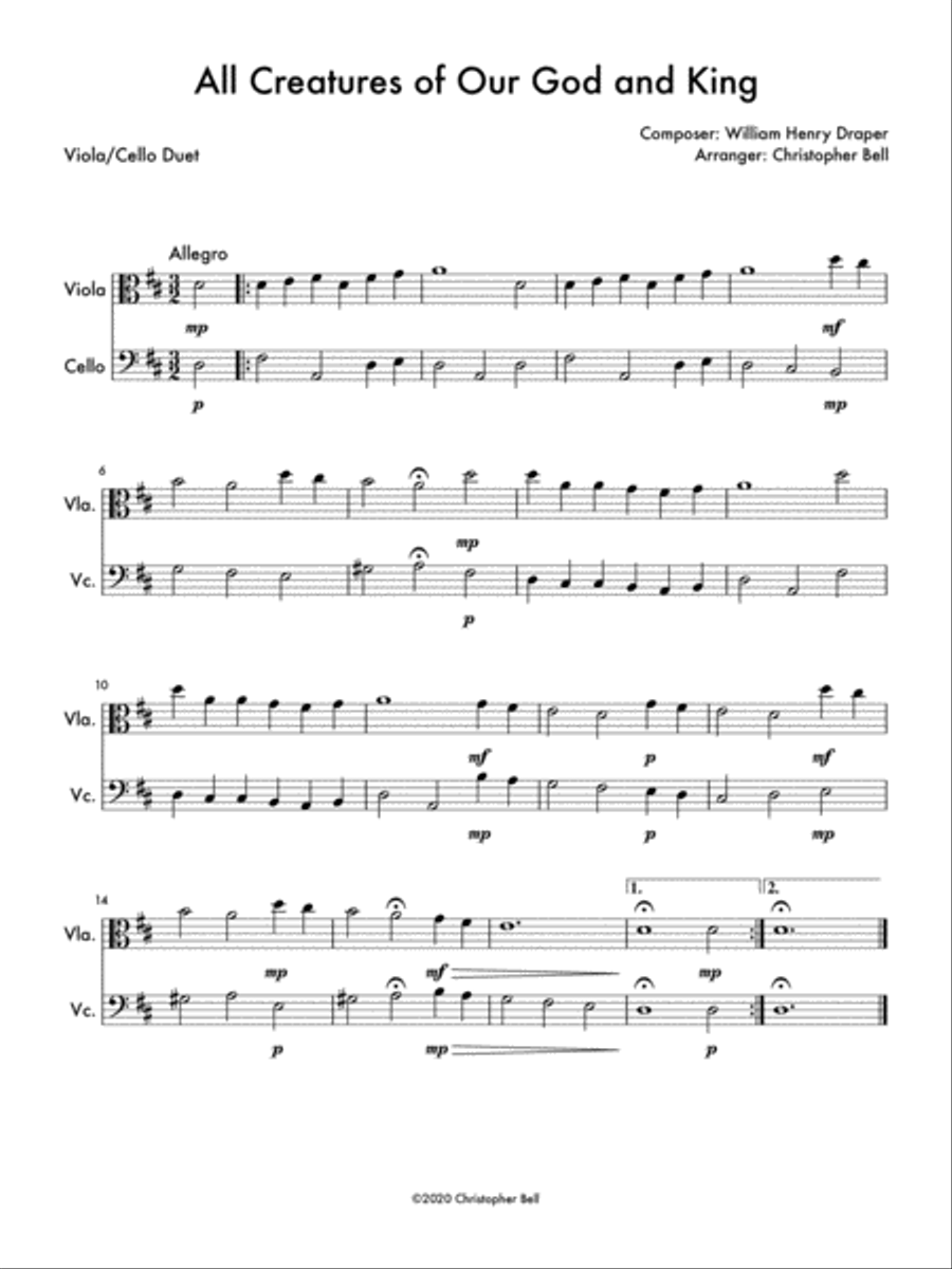 All Creatures of Our God and King (Easy Viola/Cello Duet) String Duet scores gallery preview page 1