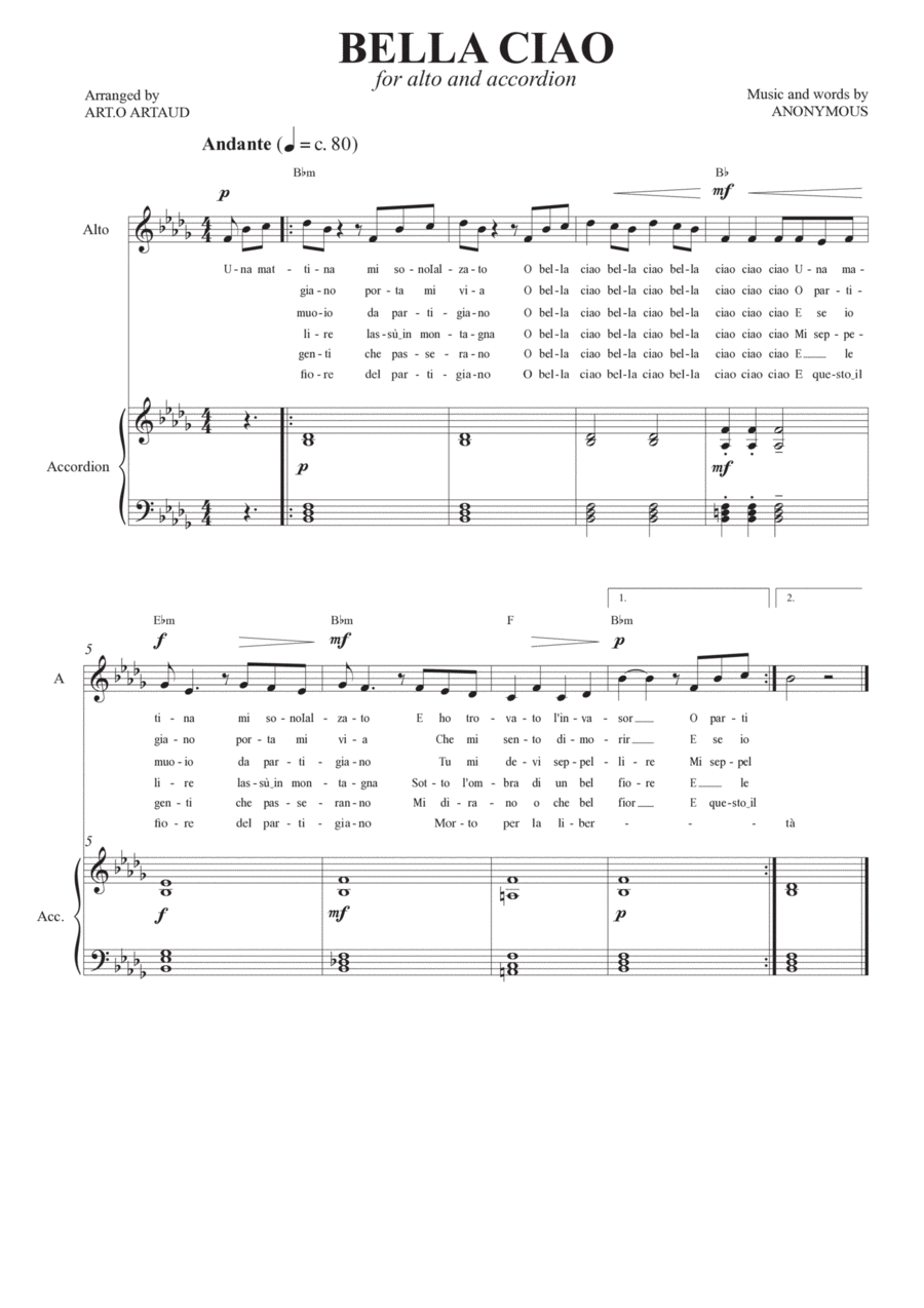 Bella Ciao Alto Voice scores gallery preview page 1