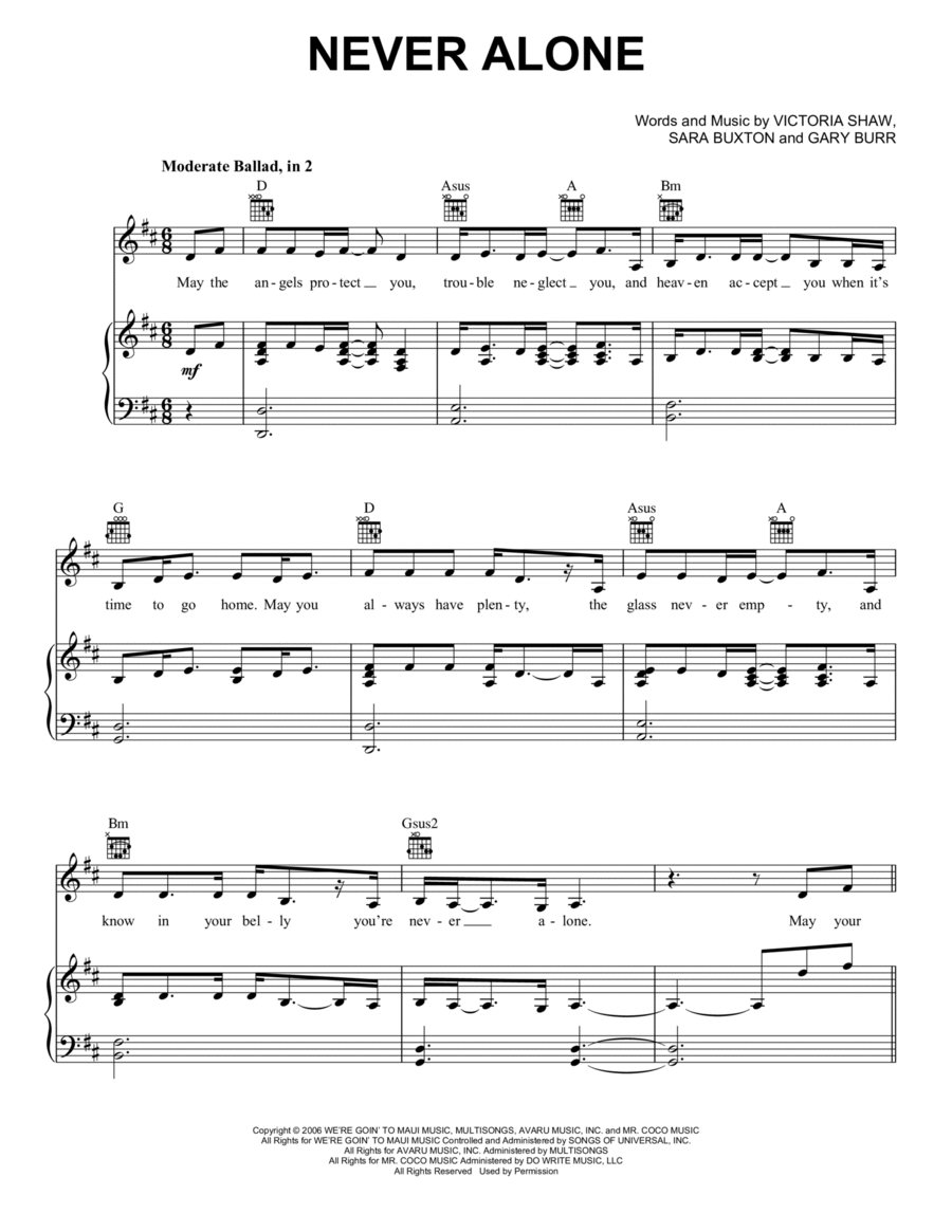 Never Alone (feat. Lady A) Piano, Vocal, Guitar scores gallery preview page 1