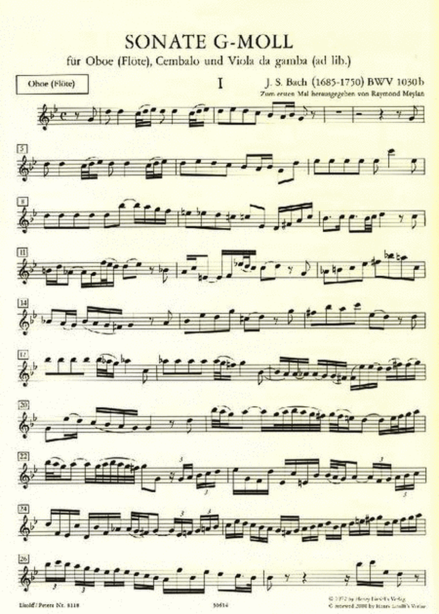 Sonata in G minor BWV 1030b f. Oboe (Flute) and Harpsichord (Vdg./Cello ad lib.)
