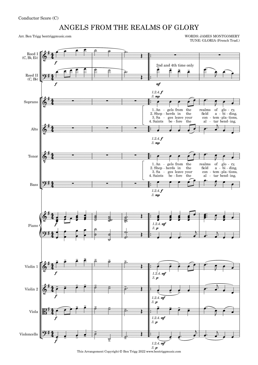 Angels From The Realms (Gloria & English refrain) – SATB, Str. 4tet & Piano with flexible wind SATB scores gallery preview page 1