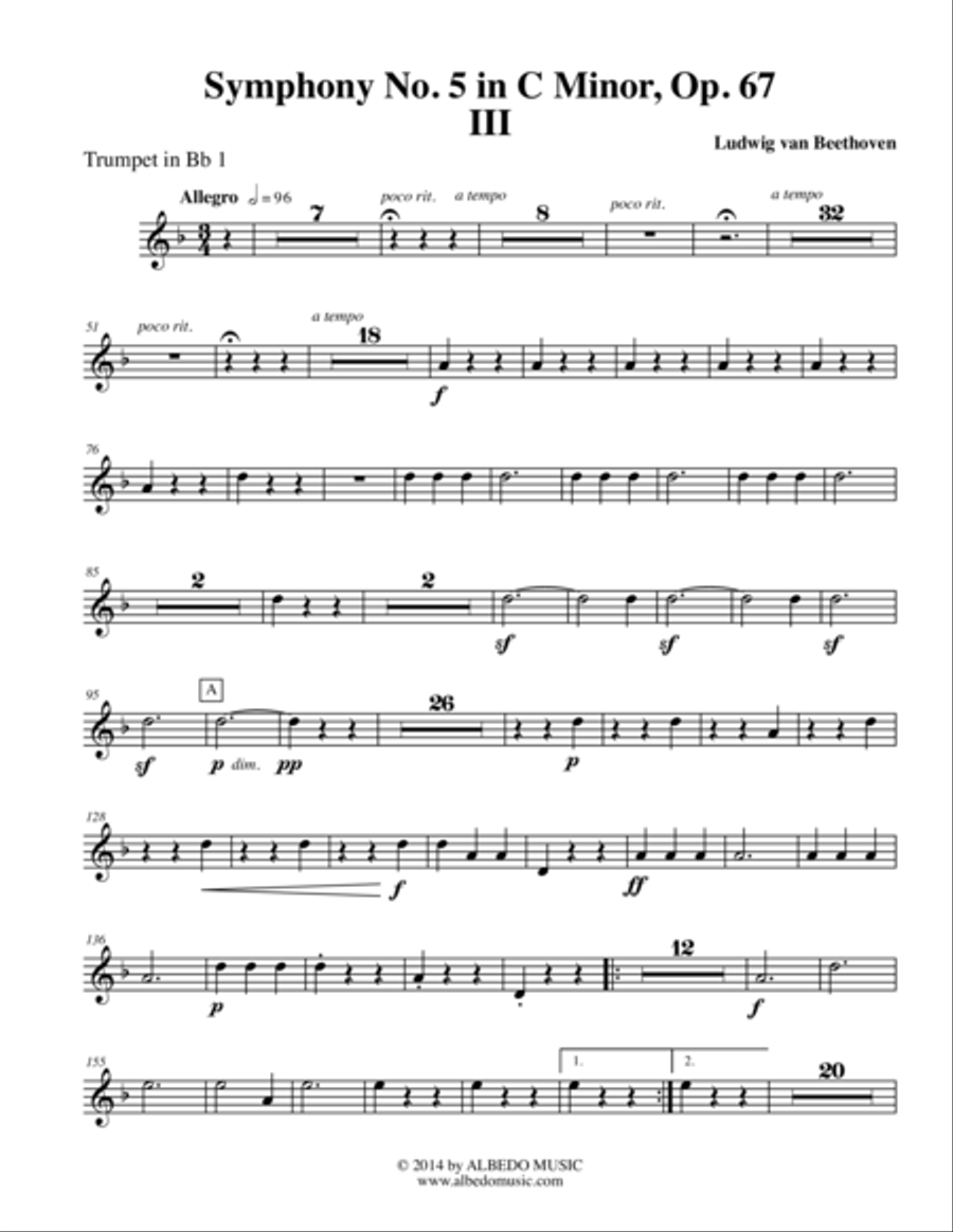 Beethoven Symphony No. 5, Movement III - Trumpet in Bb 1 (Transposed Part), Op. 67 B-Flat Trumpet scores gallery preview page 1