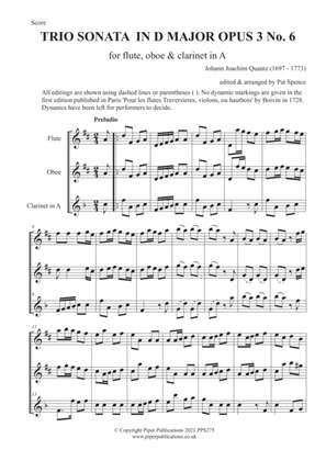 Book cover for QUANTZ TRIO SONATA IN D MAJOR OPUS 3 No. 6 for flute, oboe & clarinet