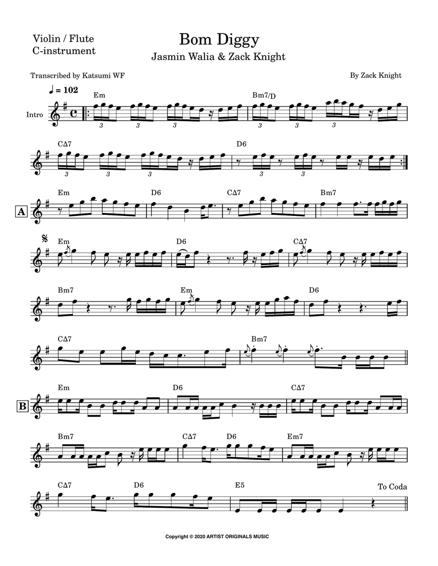 Bom Diggy Violin Solo scores gallery preview page 1