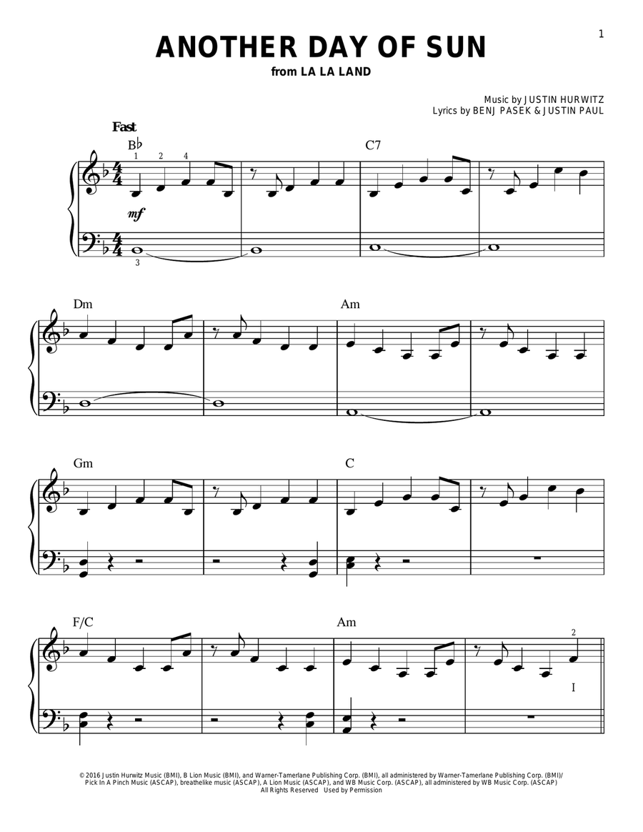 Another Day Of Sun (from La La Land) Easy Piano scores gallery preview page 1