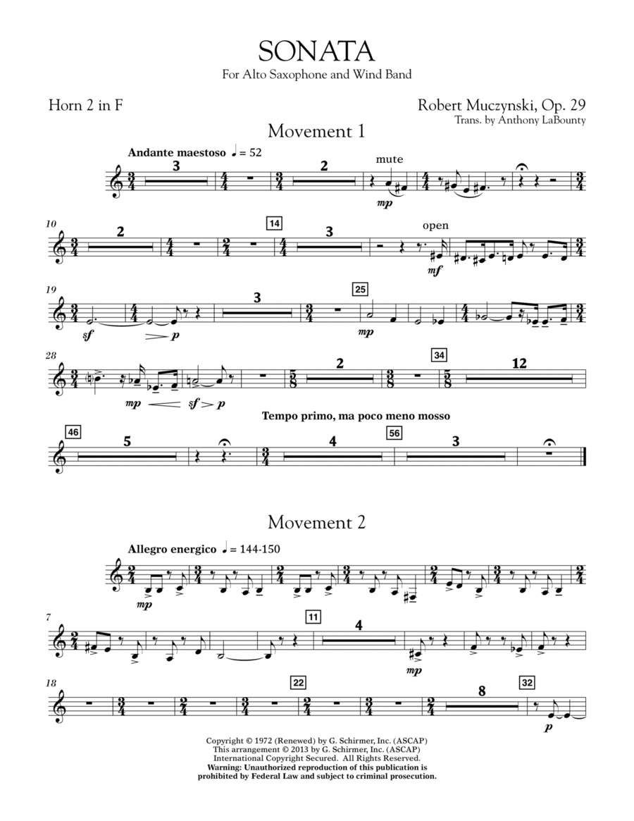Sonata for Alto Saxophone, Op. 29 - F Horn 2