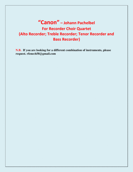 Canon - Johann Pachebel - Recorder Choir Quartet (Alto Recorder; Treble Recorder; Tenor Recorder and image number null